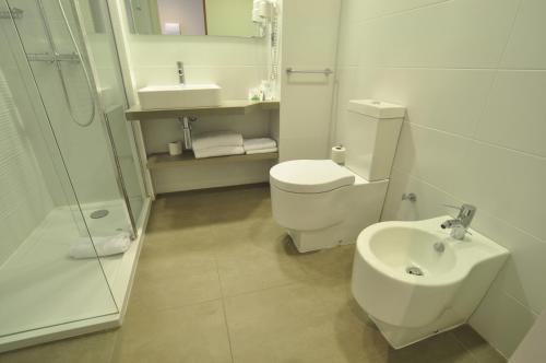 a bathroom with a toilet and a sink and a shower at Hotel & Spa Real Jaca in Jaca