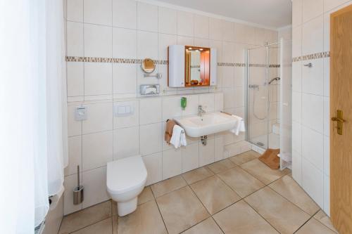 W łazience znajduje się toaleta, umywalka i prysznic. w obiekcie Bio-Hotel Melter w mieście Bad Laer