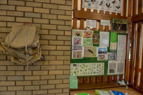 a brick wall with posters and a bag hanging on it at Crianlarich Youth Hostel in Crianlarich