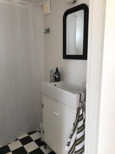 een badkamer met een wastafel en een spiegel bij Annelund in Varberg