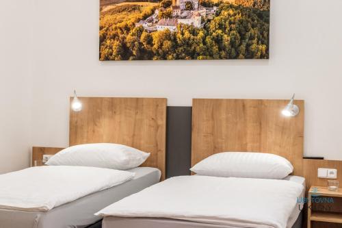 سرير أو أسرّة في غرفة في Ubytovna U Kašny