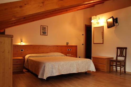 a bedroom with a bed and a table and a chair at Hotel Orso Grigio in Carisolo