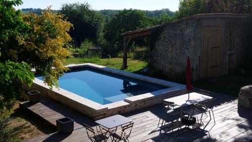 une piscine dans une cour avec une table et des chaises dans l'établissement Le clos des abeilles, à Ruch