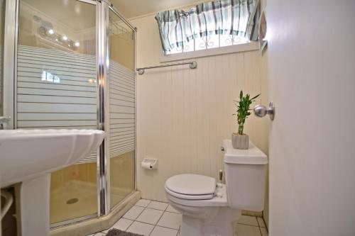 een badkamer met een toilet, een wastafel en een douche bij Historic Apartment in the Heart of Christiansted in Christiansted