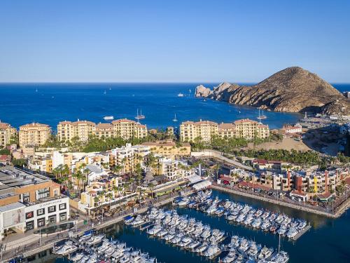 an aerial view of a harbor with boats in the water at Marina Fiesta Resort & Spa, A La Carte All Inclusive Optional in Cabo San Lucas