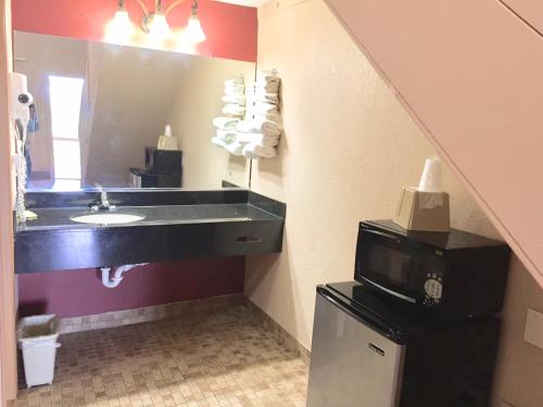 a bathroom with a sink and a mirror and a microwave at Red Carpet Inn North Chicago in North Chicago