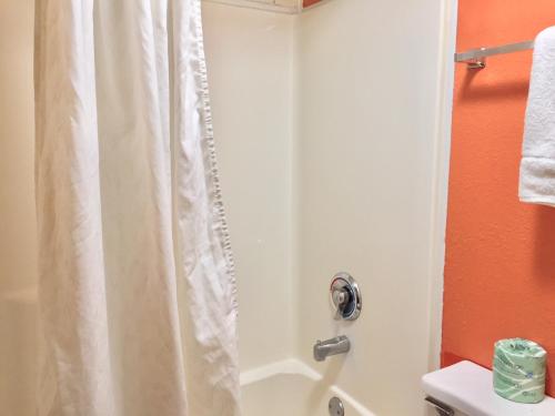 a bathroom with a shower with a white shower curtain at Red Carpet Inn North Chicago in North Chicago