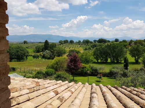 a view of a field from a stone wall at Agriturismo Arcobaleno della Torretta in Giano dellʼUmbria