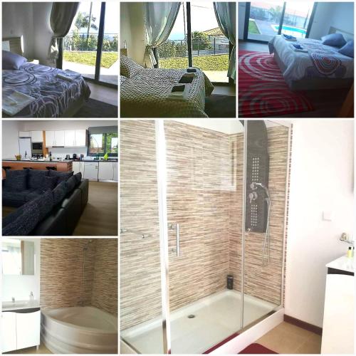 a collage of pictures of a room with a shower at migs'place in Arco da Calheta