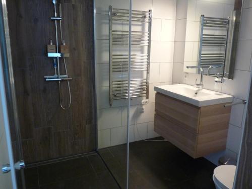een badkamer met een douche, een wastafel en een toilet bij Bij Paul in Almere in Almere