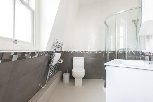a bathroom with a toilet and a sink and a shower at The Soho Loft - Elegant & Modern 1BDR in London