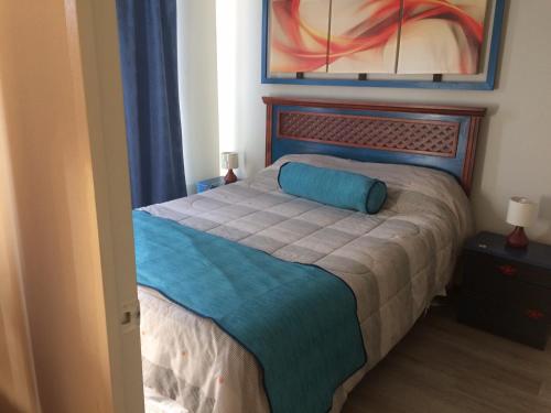 Un dormitorio con una cama con una almohada azul. en Apartamentos Armando, en Santiago