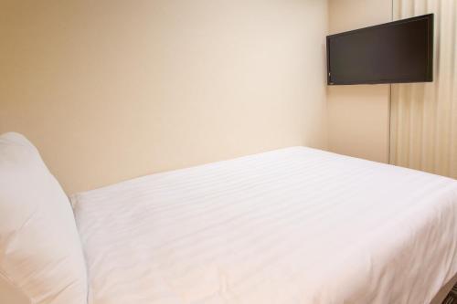 a bedroom with a white bed and a flat screen tv at Kuretake Inn Gotemba Inter Gold Cabin in Gotemba