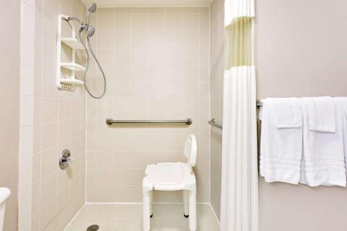 a bathroom with a shower with a toilet and a stool at Super 8 by Wyndham Athens in Athens