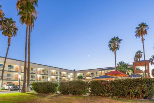 an apartment building with palm trees and a parking lot at Super 8 by Wyndham Bakersfield/Central in Bakersfield