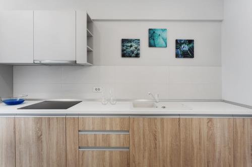 a kitchen with a sink and a counter top at Athina Suites Hotel in Bucharest