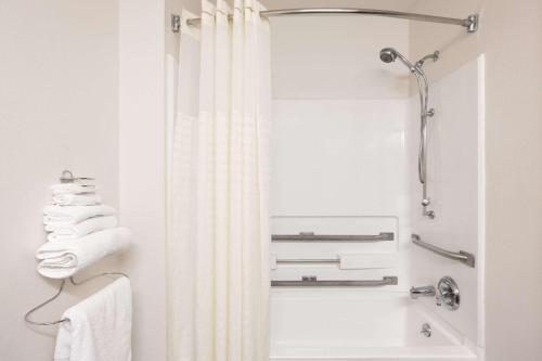 a bathroom with a shower curtain and a sink at Super-8-Gainesville-I-75-Hospital-University-Area in Gainesville