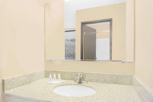 a bathroom with a sink and a mirror at Boarders Inn & Suites by Cobblestone Hotels Waterloo Cedar Falls in Waterloo