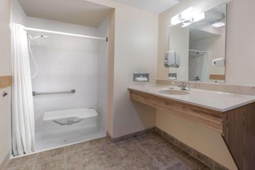 La salle de bains est pourvue d'un lavabo et d'une douche. dans l'établissement Super 8 by Wyndham Higginsville, à Higginsville