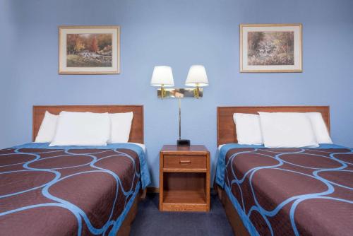 two beds in a room with blue walls at Super 8 by Wyndham Mankato in Mankato