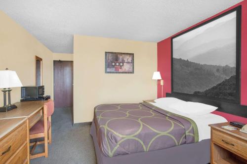 a small hotel room with a bed and a desk and a desk at Super 8 by Wyndham Roanoke VA in Roanoke