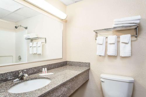 a bathroom with a sink and a toilet and a mirror at Super 8 by Wyndham Oneonta/Cooperstown in Oneonta