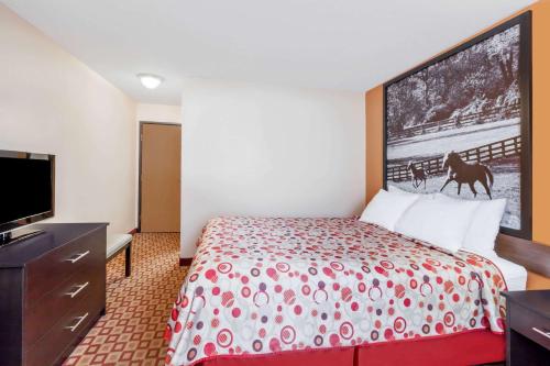 a hotel room with a bed and a flat screen tv at Super 8 South by Wyndham in Bowling Green