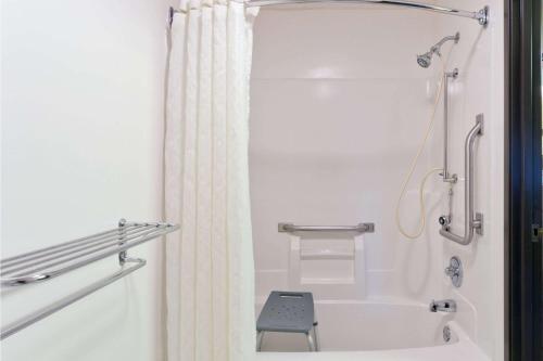 a bathroom with a tub and a shower curtain at Super 8 by Wyndham Rochelle in Rochelle