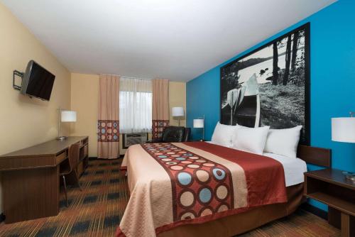 a hotel room with a bed and a desk at Super 8 by Wyndham Rochester Mayo Clinic Area in Rochester