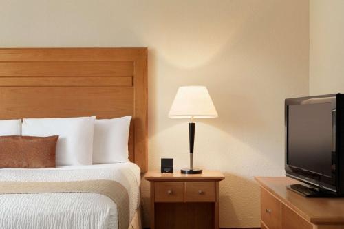 a hotel room with a bed and a flat screen tv at Days Inn by Wyndham Edmonton Downtown in Edmonton