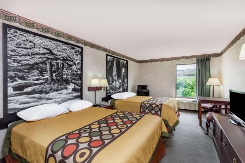a hotel room with two beds and a tv at Super 8 by Wyndham Erwin in Erwin
