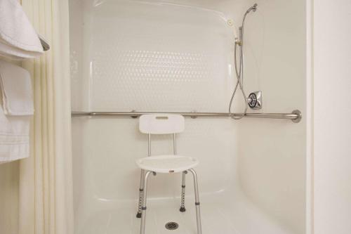 La salle de bains est pourvue d'une douche avec un tabouret blanc. dans l'établissement Super 8 by Wyndham New Hampton, à New Hampton