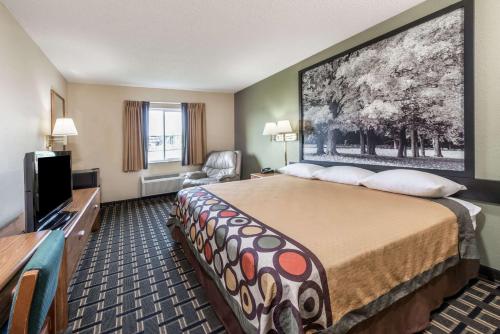 a hotel room with a bed and a television at Super 8 by Wyndham Greenville in Greenville
