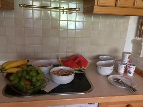 a kitchen counter with a sink with bowls of fruit at Appartement La Piazza in Krimml