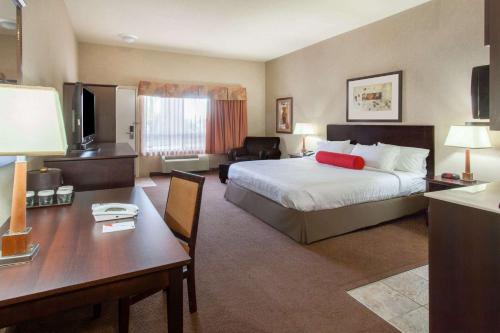 Habitación de hotel con cama y escritorio en Ramada by Wyndham Camrose, en Camrose