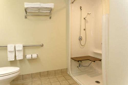 a bathroom with a shower and a toilet and towels at Baymont by Wyndham Mason in Mason