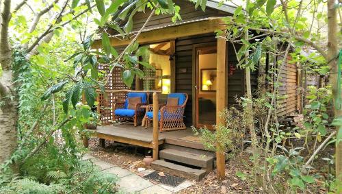 une petite maison avec des chaises bleues sur la terrasse couverte dans l'établissement Black Cockatoo Lodge, à Nannup