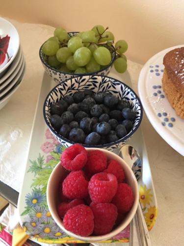two bowls of raspberries and blueberries on a table at Western Greenway B&B in Newport
