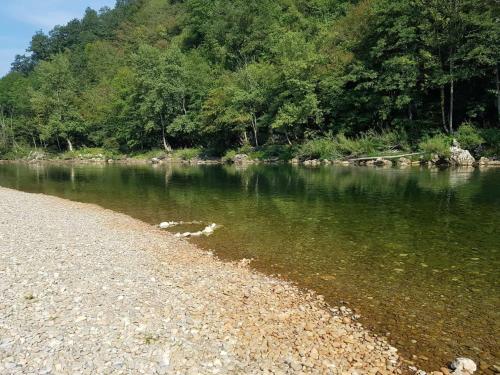 a river with a rocky shore with trees in the background at Apartma Kolpa in Gradac