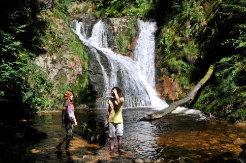 two children standing in the water in front of a waterfall at Hotel Restaurant Rebstock in Oppenau