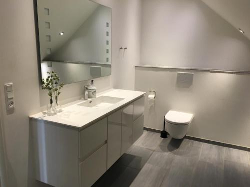 a white bathroom with a sink and a toilet at Tollundgaard Golf Park & Apartments in Funder Kirkeby