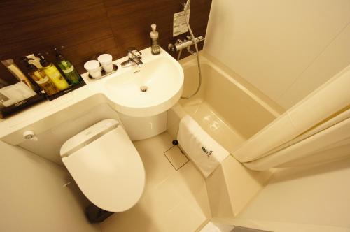 a bathroom with a white toilet and a sink at HOTEL LiVEMAX Kanazawa Ekimae in Kanazawa