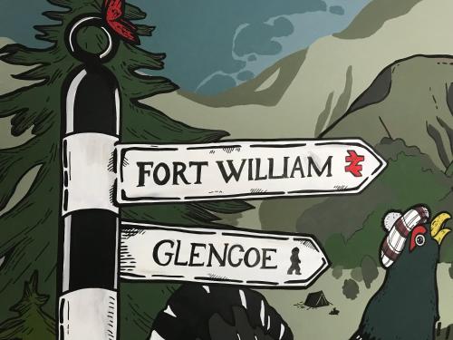 a cartoon of two street signs on a pole at Glen Nevis Youth Hostel in Fort William