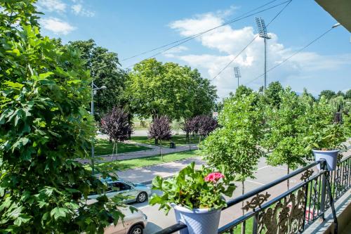 a balcony with trees and a car on a street at Villa Parku Rinia in Korçë