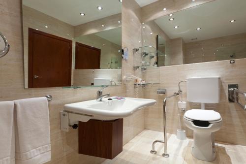 
a bathroom with a toilet, sink, and shower at Hotel San Juan de los Reyes in Toledo
