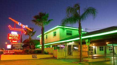 a motel with palm trees and a neon sign at Budget Inn of Avon Park in Avon Park