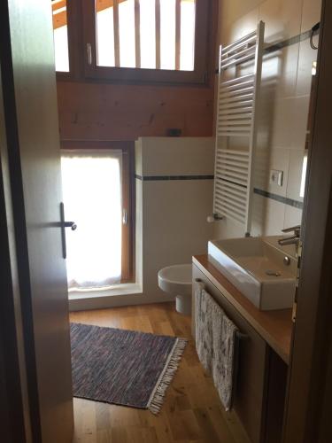 een badkamer met een wastafel, een toilet en een raam bij Lausen Vil in Canale San Bovo