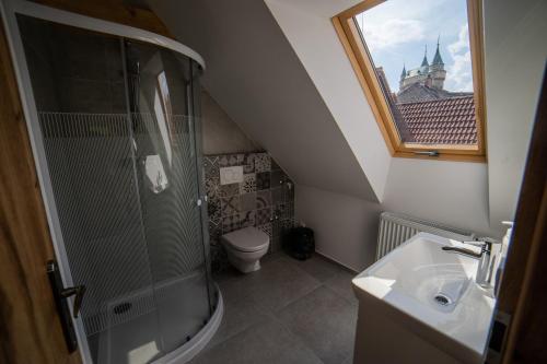 un bagno con doccia, WC e lavandino di Ubytovanie Alej Bojnice a Bojnice