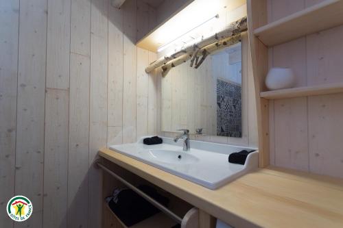 ein Bad mit einem Waschbecken und einem Spiegel in der Unterkunft Chalet le Clos de l'Orme in Saint-Lattier