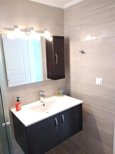 a bathroom with a sink and a mirror at Anthi's view in Karpathos
